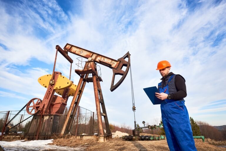 Oil man checking work of oil well pump jack.
