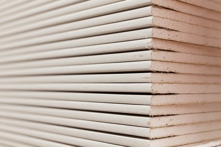 Stack of gypsum boards. Drywall packs. Close-up