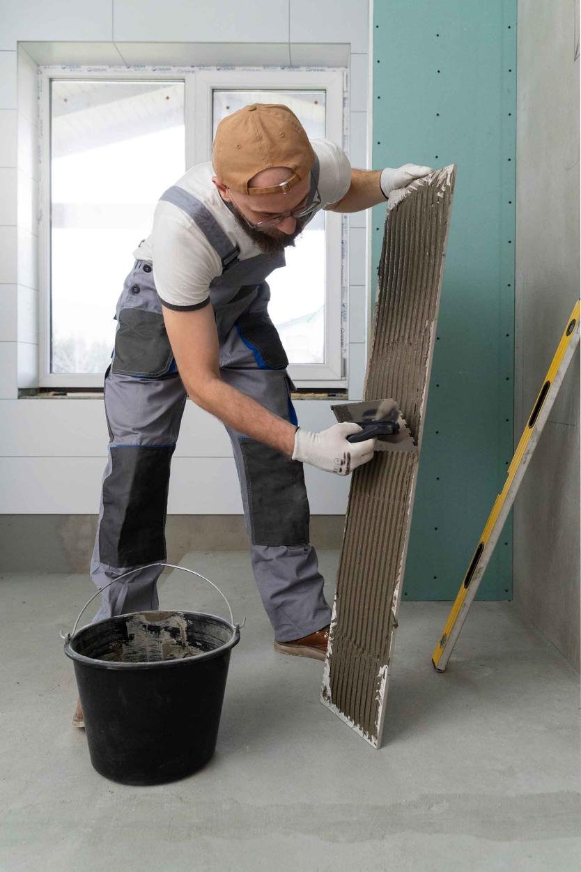 Tile installer applying combed adhesive to the back of a large-format wall tile